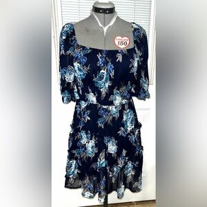 Altar'd State Navy Blue Floral Puff-Sleeve Tiered Mini Dress